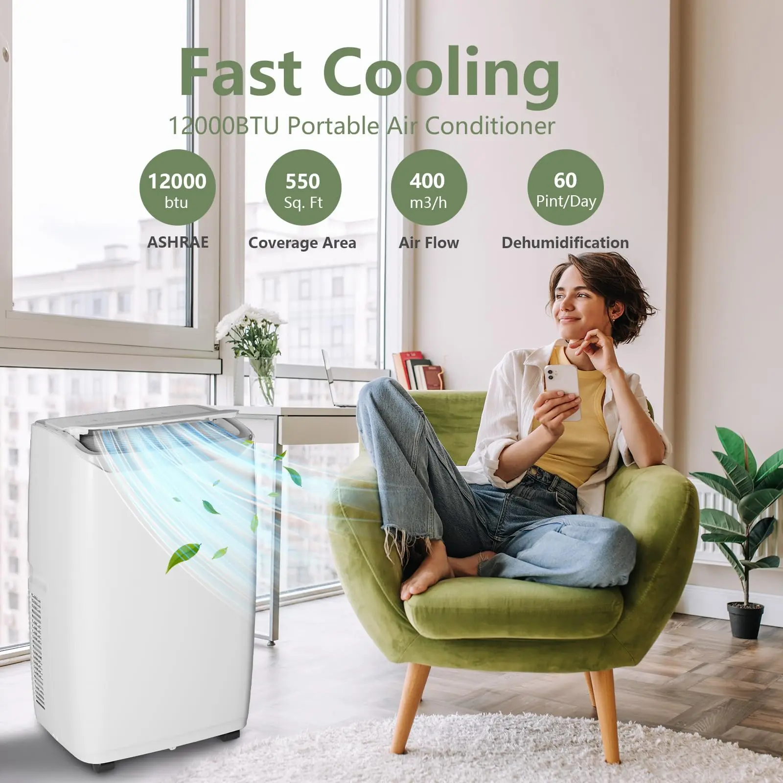 Portable Air Conditioner, 12000 BTU AC Unit Cools Up to 550 Sq ft, Air Conditioner Portable 3-in-1 Cooling Fan Dehumidifier, Quiet 51dB Sleep Mode 24H Timer Remote Control, Window Kit Included