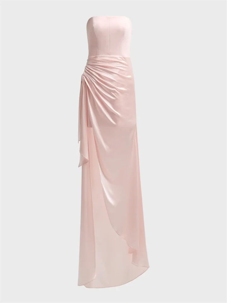 

New Arrival Strapless Neckline Sleeveless Satin Column Evening Dress Elegant Back Zipper Floor Length High Slit Gown For Women