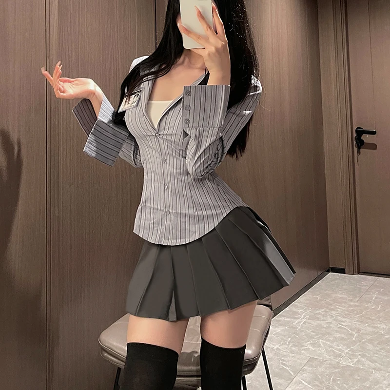 Women College JK Outfit Slim Fit Striped Long Sleeve Shirt Pleated Mini Skirt Set Summer Preppy Style Daily Costume