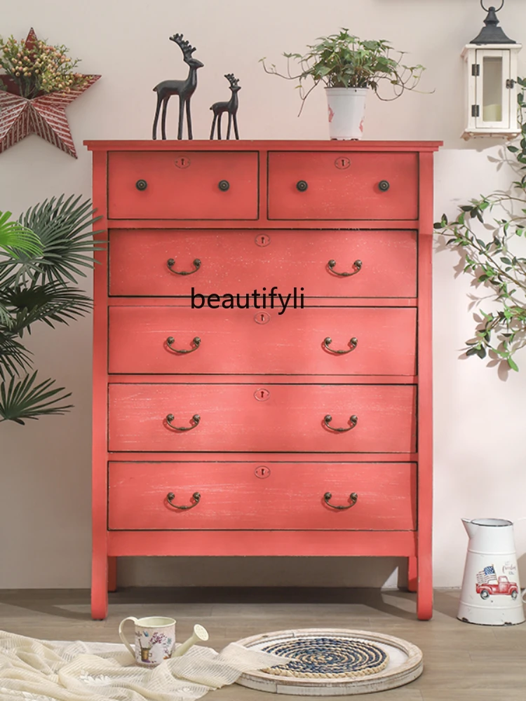 American Decoration Wooden Vintage Chest of Drawers Chest of Drawer Multi-Functional Bedroom Locker Six Bucket Storage