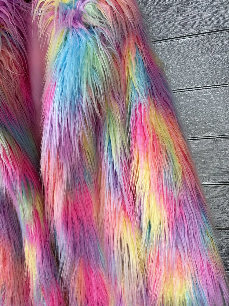 DEAT 2026 Winter New Items Imitation Colorful Long Coat For Women Faux Fur Suit Collar Long Sleeve Trench Jacket Female 11A05577