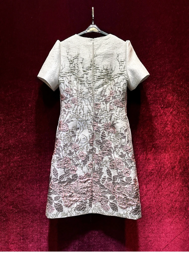 Luxe Diamanten Jacquard Kralen Korte Mouw Vrouwen Jurken Losse Taille Elegante Feestjurk O-hals Vrouwelijke A-lijn Formele Jurk