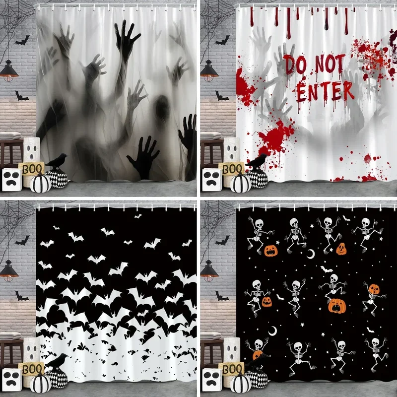 Halloween Shower Curtain Skulls Bats Blood Handprints Horror Ambience Holiday Gift Polyester Fabric Bath Curtains Bathroom Decor