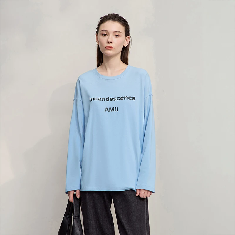 AMII المرأة تي شيرت 2025 الخريف جديد عادية متعددة الاستخدامات المتوسطة والطويلة المرأة القطن إلكتروني الطباعة فضفاضة طويلة الأكمام12543216