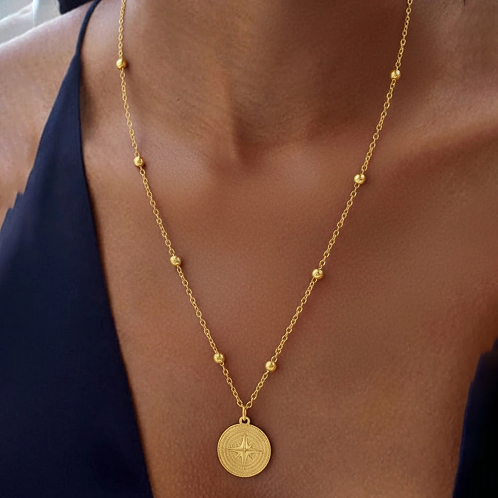 Stainless steel gold compass pendant necklace with beaded chain,vintage style clavicle chain,for women,daily wear&Valentine's