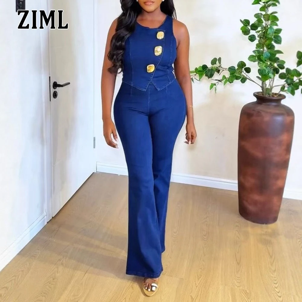 ZIMLsolid conjuntos de dos piezas para mujer, cuello redondo, sin mangas, túnica con botones empalmados, tops, pantalones largos de cintura alta, conjunto elegante a la moda femenina