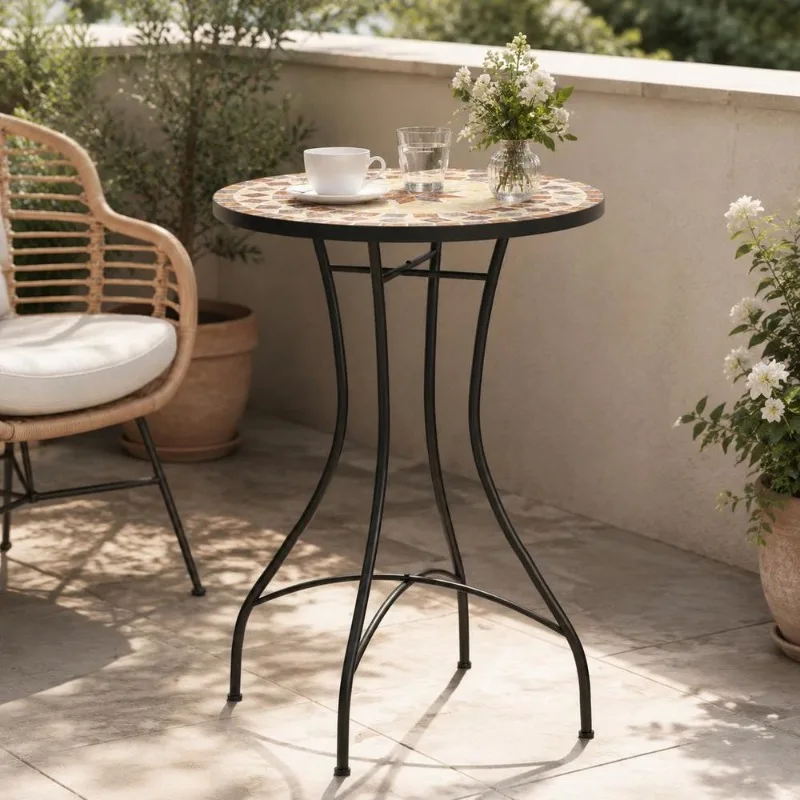 Table de bistrot en mosaïque 50 x 70 cm, plateau en céramique, structure en fer thermolaqué, facile à nettoyer, ambiance méditerranéenne, pour jardin, balcon, terrasse, aménagement extérieur et intérieur
