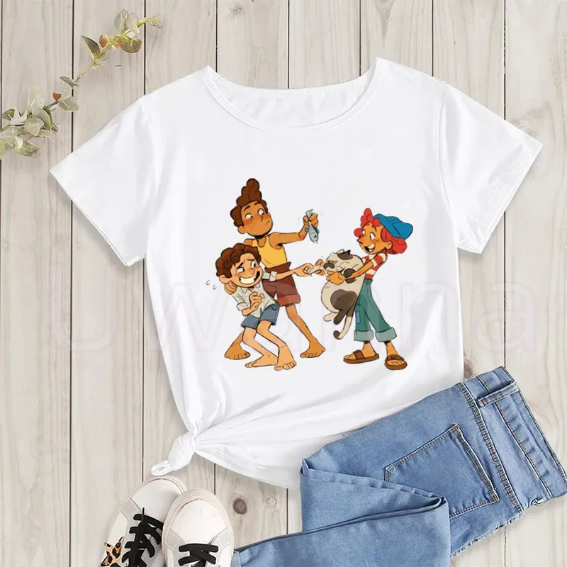 Luca and Friends Printed Graphic Tees Women T-Shirt Short Sleeve O-Neck Fashion Cartoon fish Tshirt Casual White Tops Female