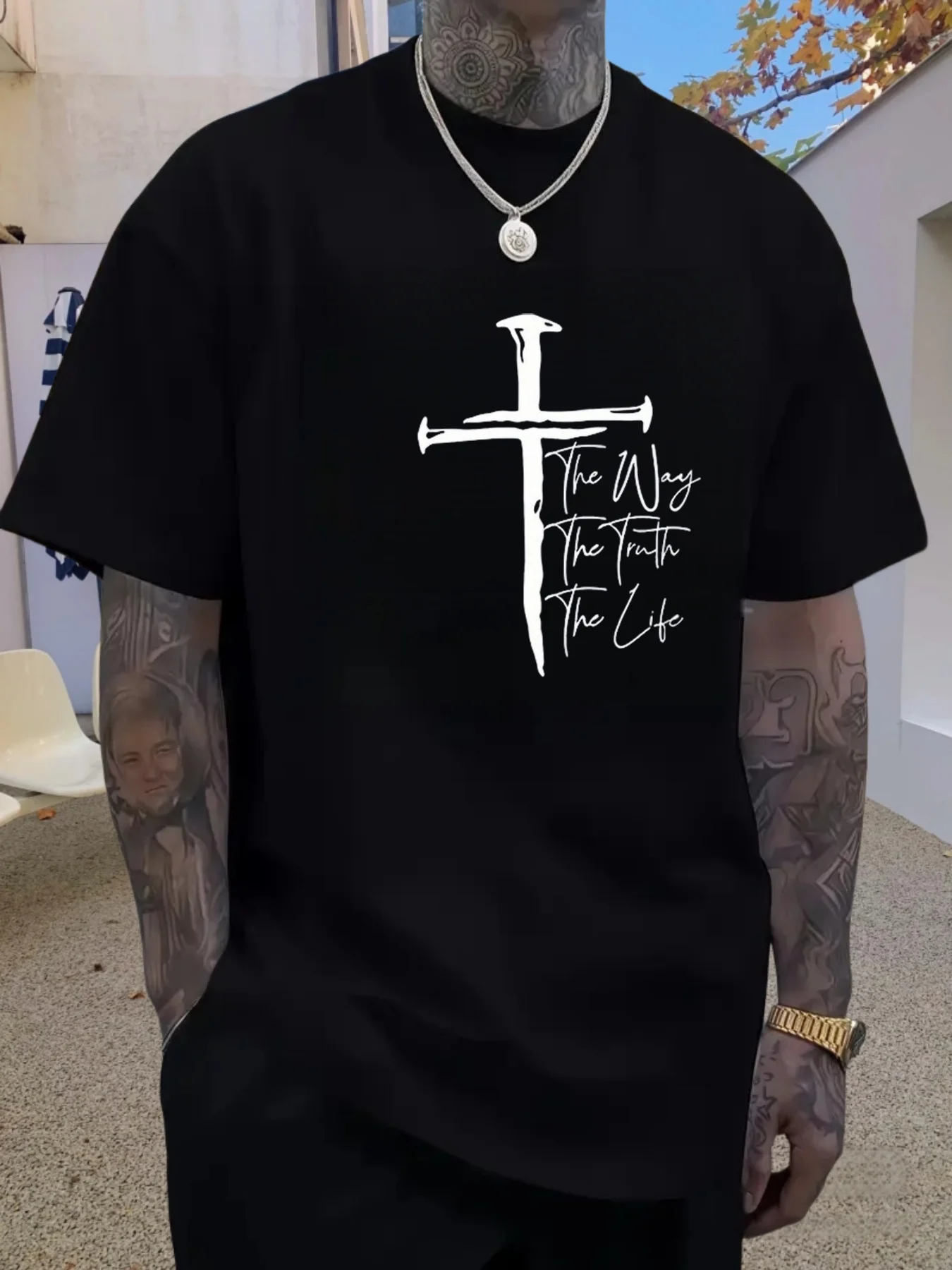Men's 100% Cotton Crew Neck Tee Nail Cross Faith Religious Graphic Print, Casual Loose‑Fit Daily Street Fashion Short Sleeve Top
