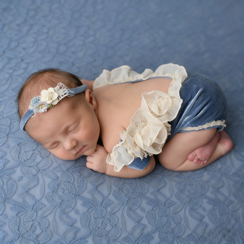 新生児女の子ブルーベルベットオフショルダーフリルフラワーロンパース写真撮影衣装幼児写真撮影ドレスプリンセス服