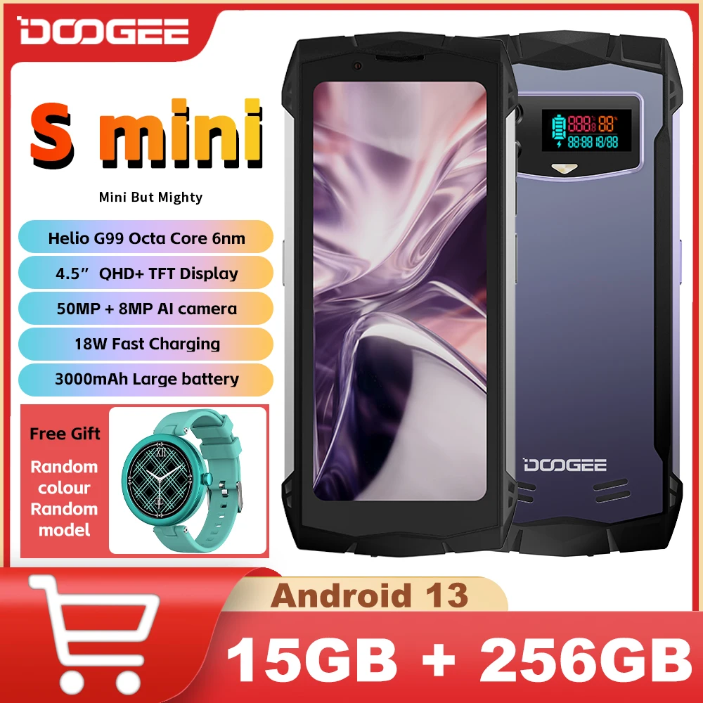 DOOGEE Smini Smartphone 4.5”QHD Screen 8GB+256GB Helio G99 Innovative Rear Display 50MP Camera 18W Fast Charge NFC 4G Cellphone