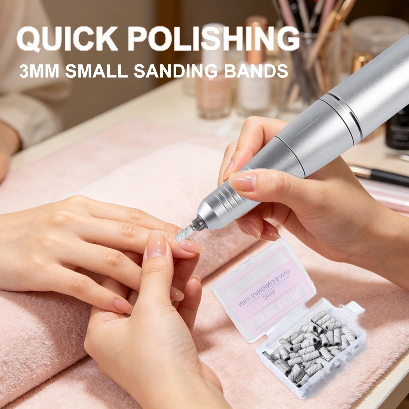 Mini Sanding Bands for Nails-80/120/180/240Grit, 50PCS 3mm Nail Drill Sanding Bands with Mandrel, Professional Nail Buffing Tool