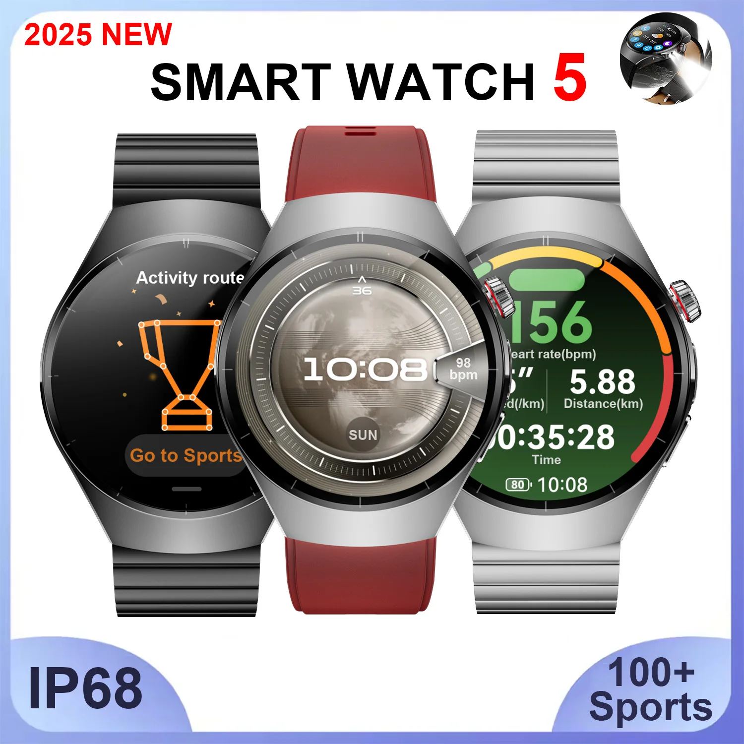 

2025 NEW Watch 5 Smartwatch For Android IOS AMOLED Screen New Bluetooth Call Smart Watch Men Sport Smartwatch IP68 waterproof