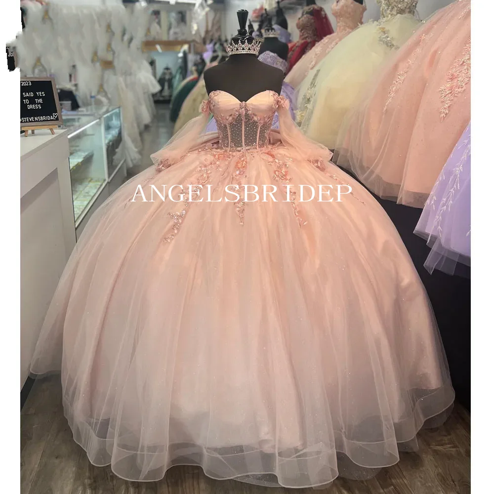 Angelsbridep ชุดชุดไปงานเต้นรำสีชมพู quinceanera ชุดเดรสแขนสั้น2024ชุดเดรสราตรี15ชุด16ชุดเดรสหวาน