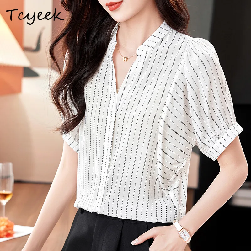 

Tcyeek, 100%Real Silk Elegant Shirt, Women Short Sleeve V Neck Striped, Commute Fashion Blouses, 2024 Summer Autumn T47596QC