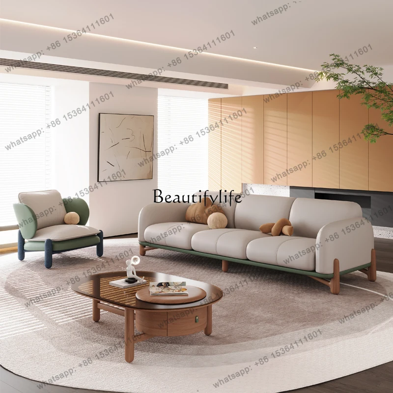 X4 Massivholz-Ledersofa Modernes Minimalistisches Kirschholz Geradliniges Nordisches Sofa für Kleine Wohnungen