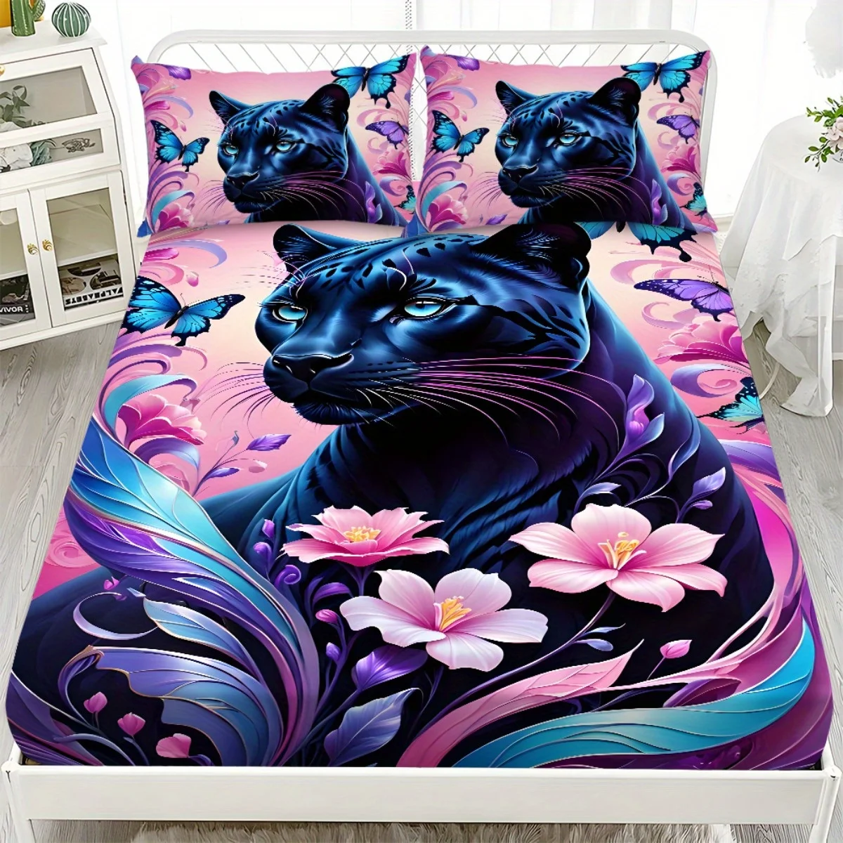 1pc Colorful Fitted Sheet Black Cat Printed 100% Polyester Breathable Bedding Set for Home Decor Without Pillowcase