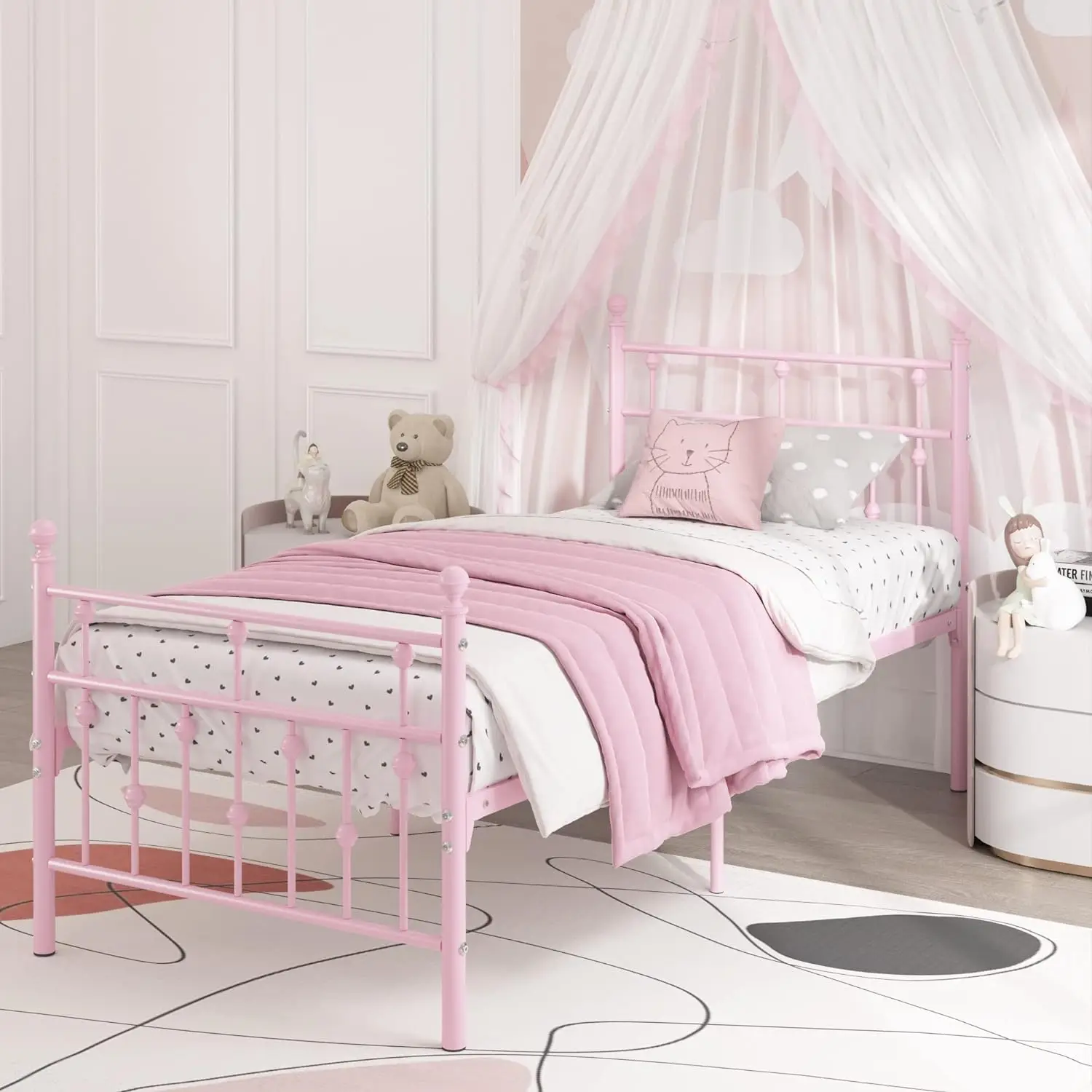 Pink Metal Bed Frame Twin Size with Headboard Mattress Foundation Support Heavy Duty Steel Slat No Box Spring Need for Girls