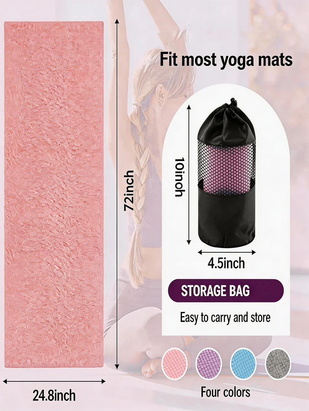 Non Slip Yoga Towel 72"x24" Microfiber Yoga Mat Cover with Silicone Grip Dots, Ultra Absorbent Sweat-Proof Exercise Pilates Blan - view 6