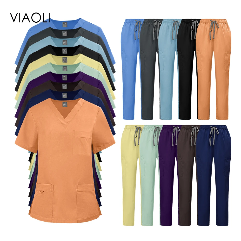 Medical Scrub Women Wholesale Nurse Uniforms Dental Veterinary Nursing Uniforms Pharmacy Workwear Multicolor Men Scrub Top Pants