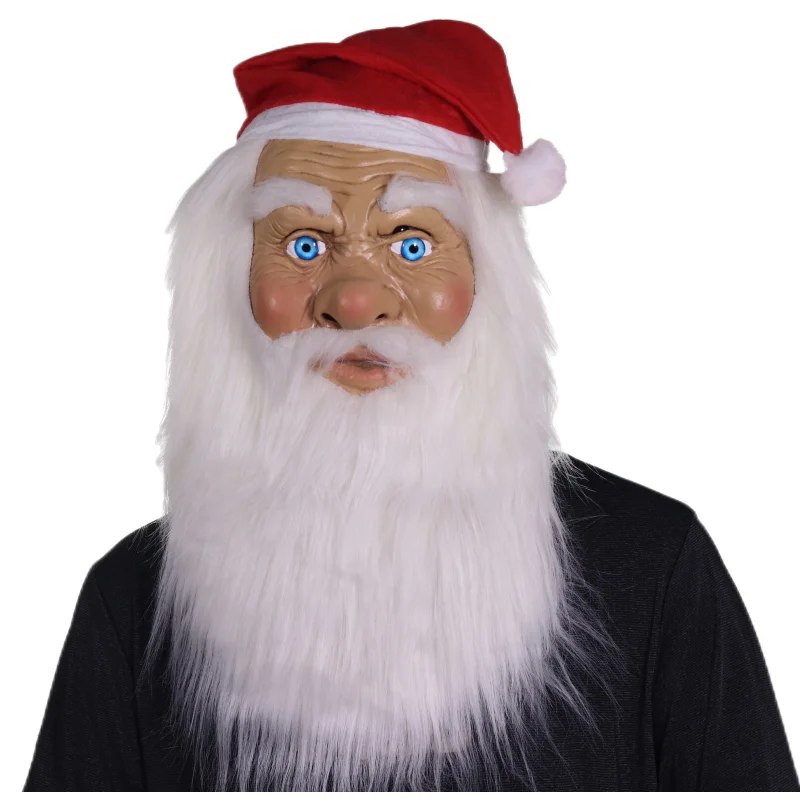 Santa Realistic Natural Latex Mask with White Beard and Hat Realistic Full Face Set Suitable for Halloween Christmas Cospl