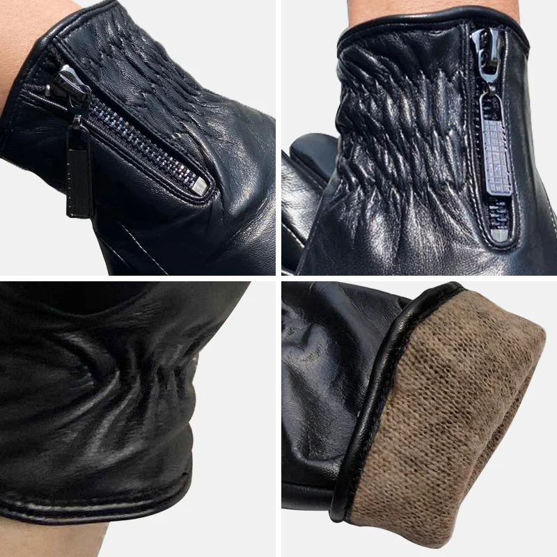 Gants en cuir de luxe pour hommes, fermeture éclair au poignet, écran tactile, doublure en laine d\'agneau véritable, conduite chaude, hiver,