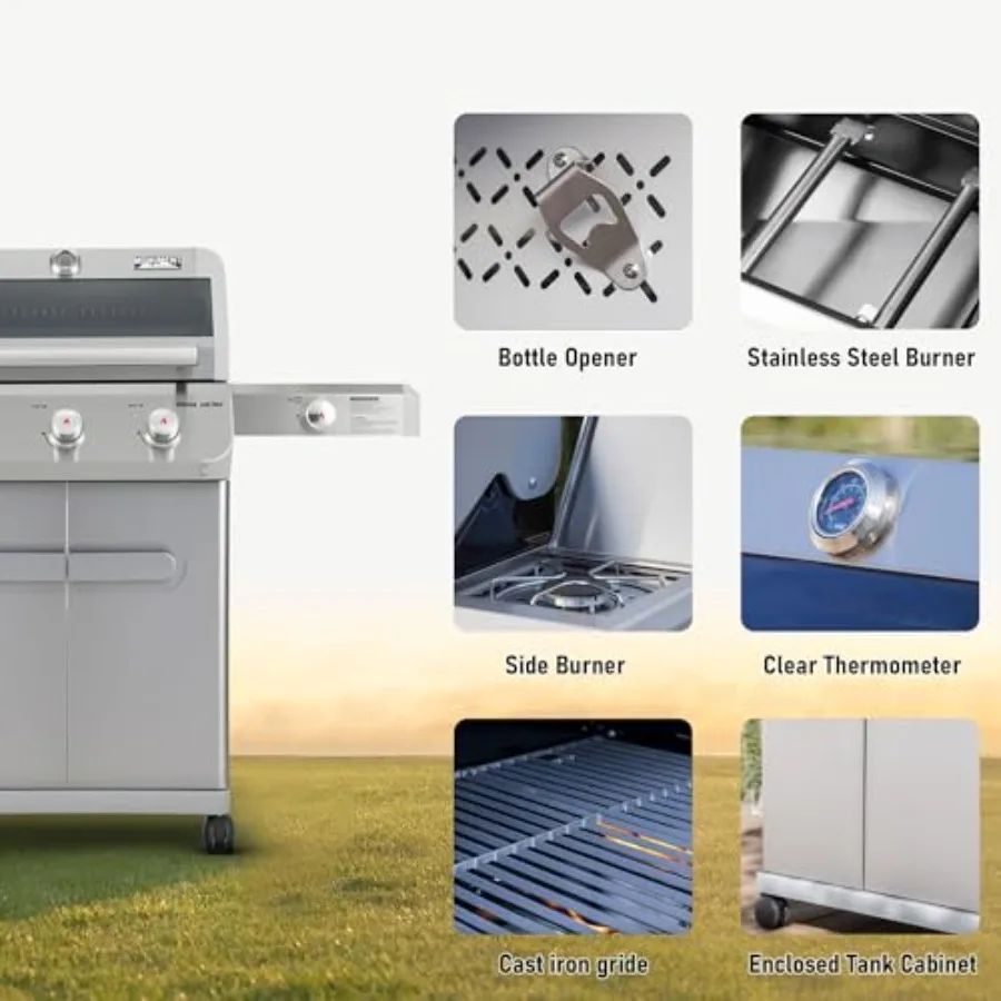 Outdoor Patio Garden Barbecue Grill Stainless Steel 3 Burner Propane Gas Grill 48 000 BTU with Side Burner and Knob Controls Me