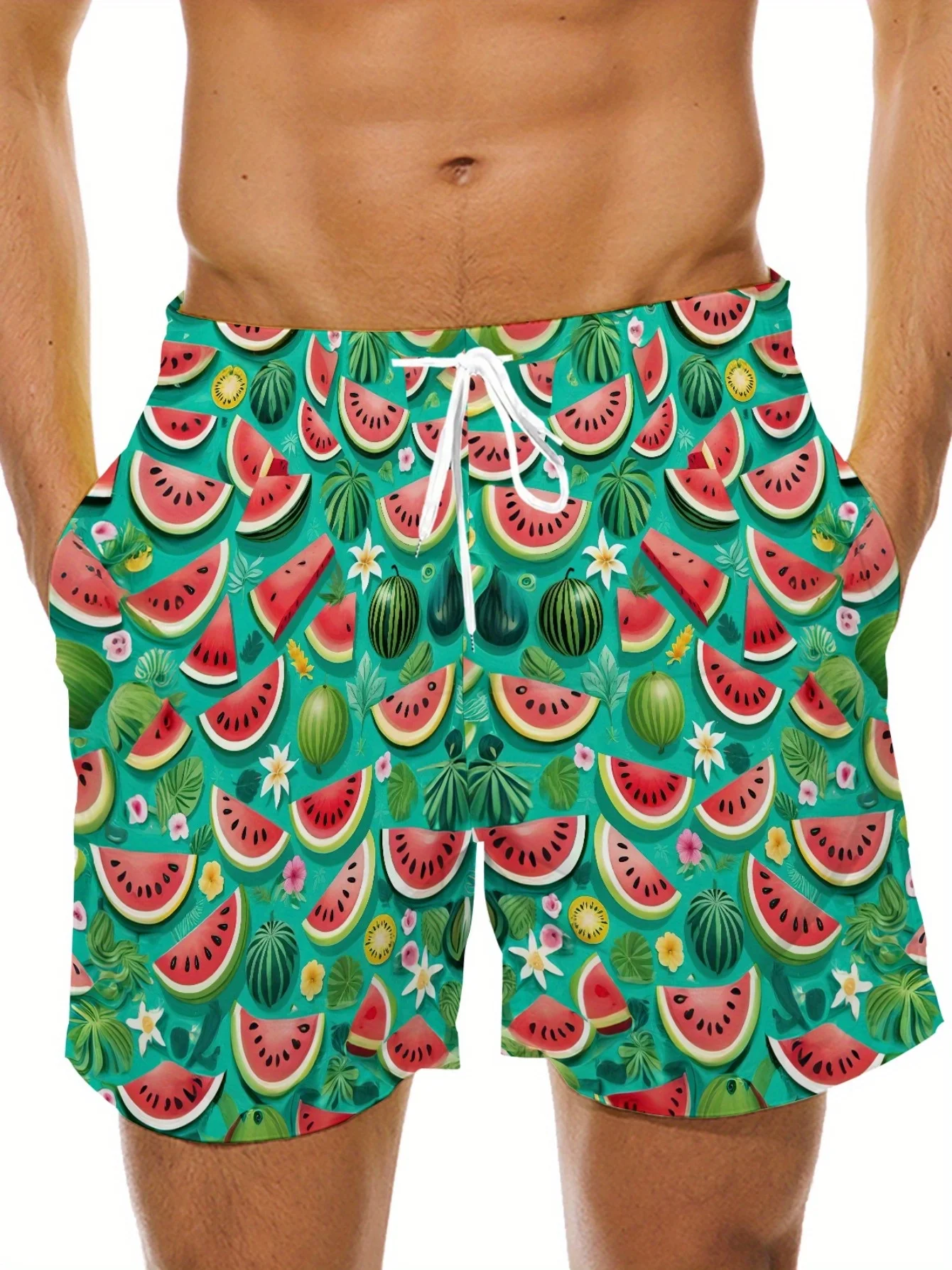 

2025 trendy fruit pattern fashion men's regular casual geometric print drawstring beach casual shorts