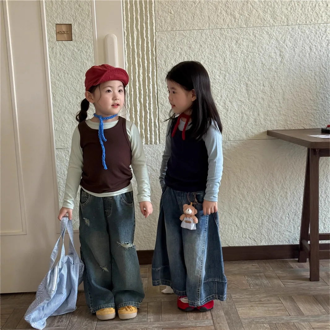 

Girls Top 2025 Autumn New Childrens Clothing Korean Style Girl Baby Fashion Fold Wear Two Long-sleeved T-shirts Casual