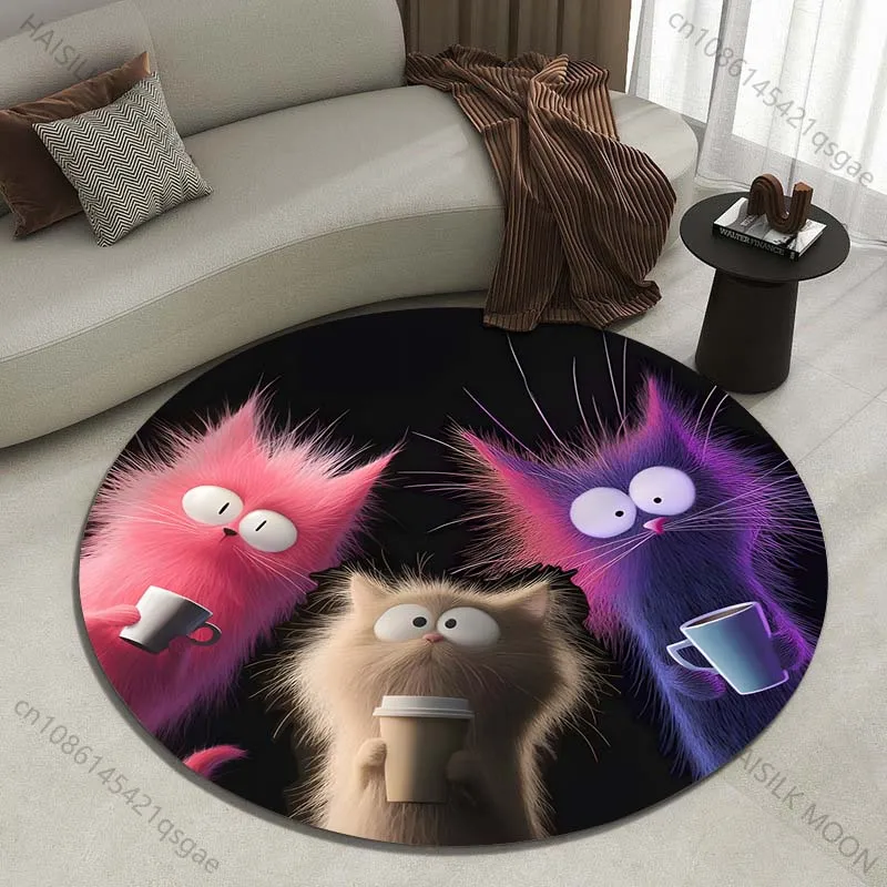 Multiple sizes Three cats holding coffee cups Print Round Carpet Living Room Bedroom Table Chair Sofa Decorative Carpet