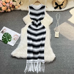 YuooMuoo Chic Fashion Sexy Wrap Hips Knitted Maxi Dress Women Brand Fashion Zebra Stripes Summer Dress Streetwear Lady Outfits