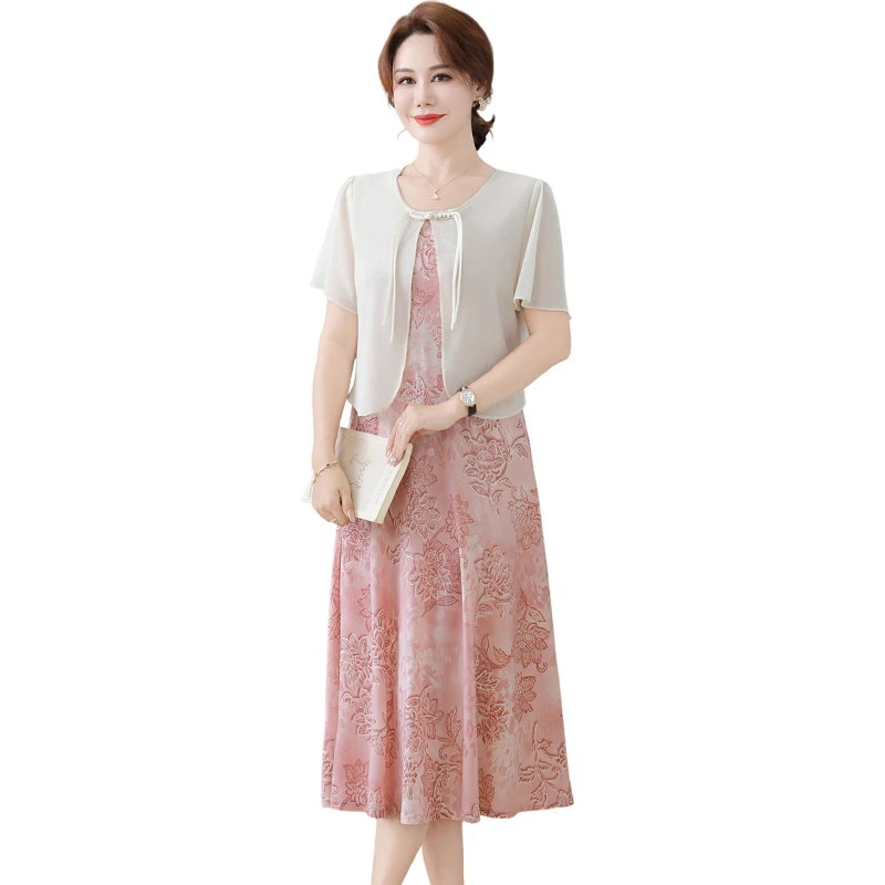 夏フェイクツーピースパッチワークドレスヴィンテージブロークンフラワー婦人服スタイリッシュな中国ディスクバックル A ラインミディドレス