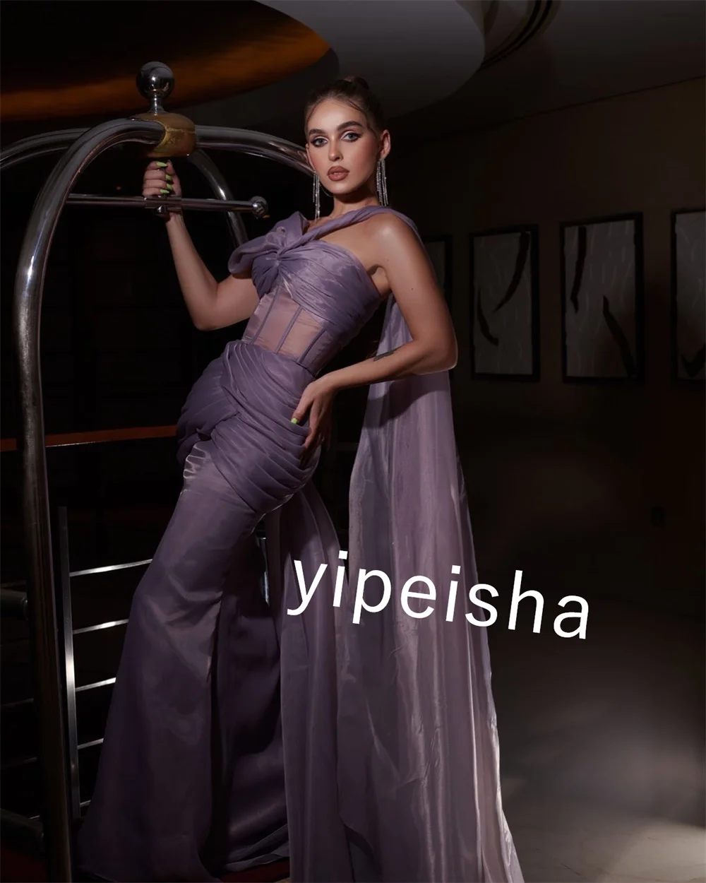 Customized Pastrol Satin Ruched A-line One-shoulder Long Dresses Evening Dresses Unisex Chinese Style Formal Casual Simple Retro