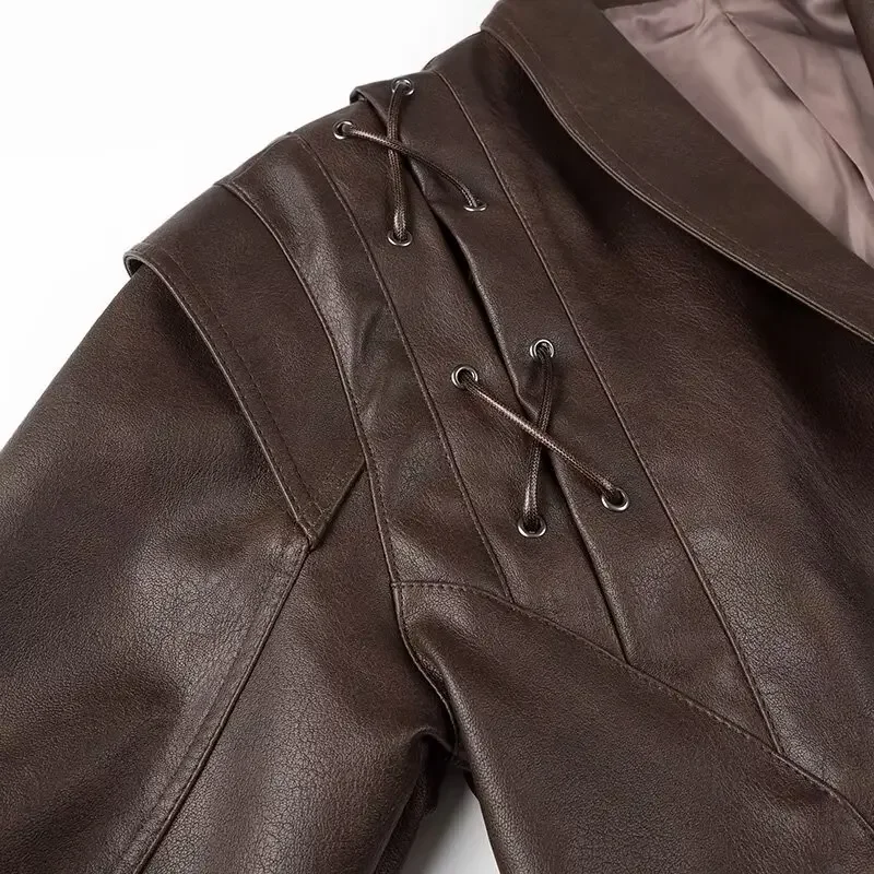 Female Street Leather Jacket 2024 Spring Women\'s Versatile Brown Long Sleeves V-neck Single Breasted Lace-up Causal Coats