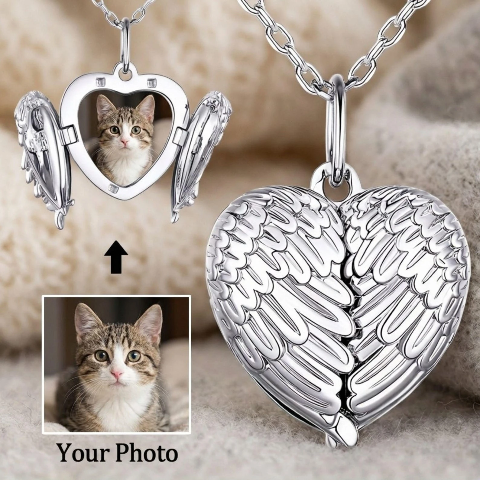 Custom Photo Small Box Pendant Necklace Personalized Picture Angel Wing Small Box Pendant Men's Women's Necklace Christmas Gift