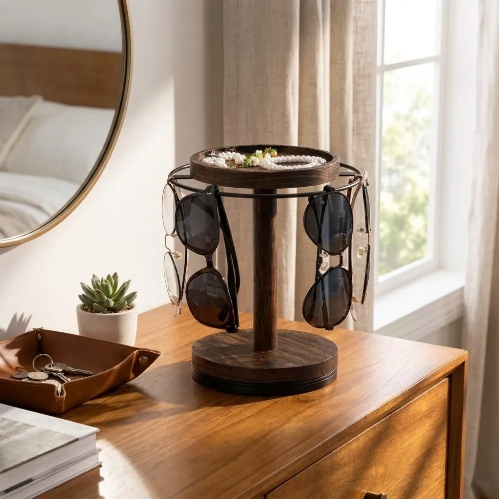 Convenient Eyeglasses Display Stand With Tray With Base Wooden Storage Rack Space Saving Rotating Jewelry Organizer Home