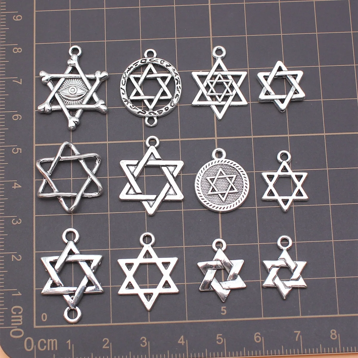 12pcs Antique Silver Color Star Of David Charms Collection For DIY Jewelry Making, 12 Styles, 1 of Each