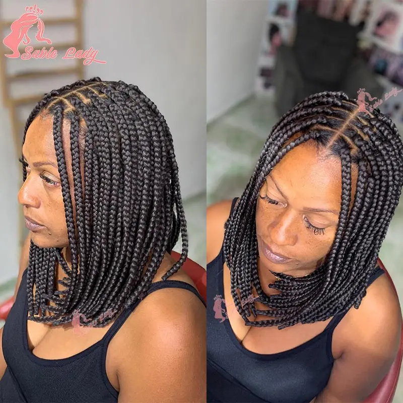 Peruca cheia do laço curto do Bob da trança para mulheres, torção sintética sem nós, perucas trançadas do Bob, laço cheio boêmio, peruca trançada da cornrow, 10"