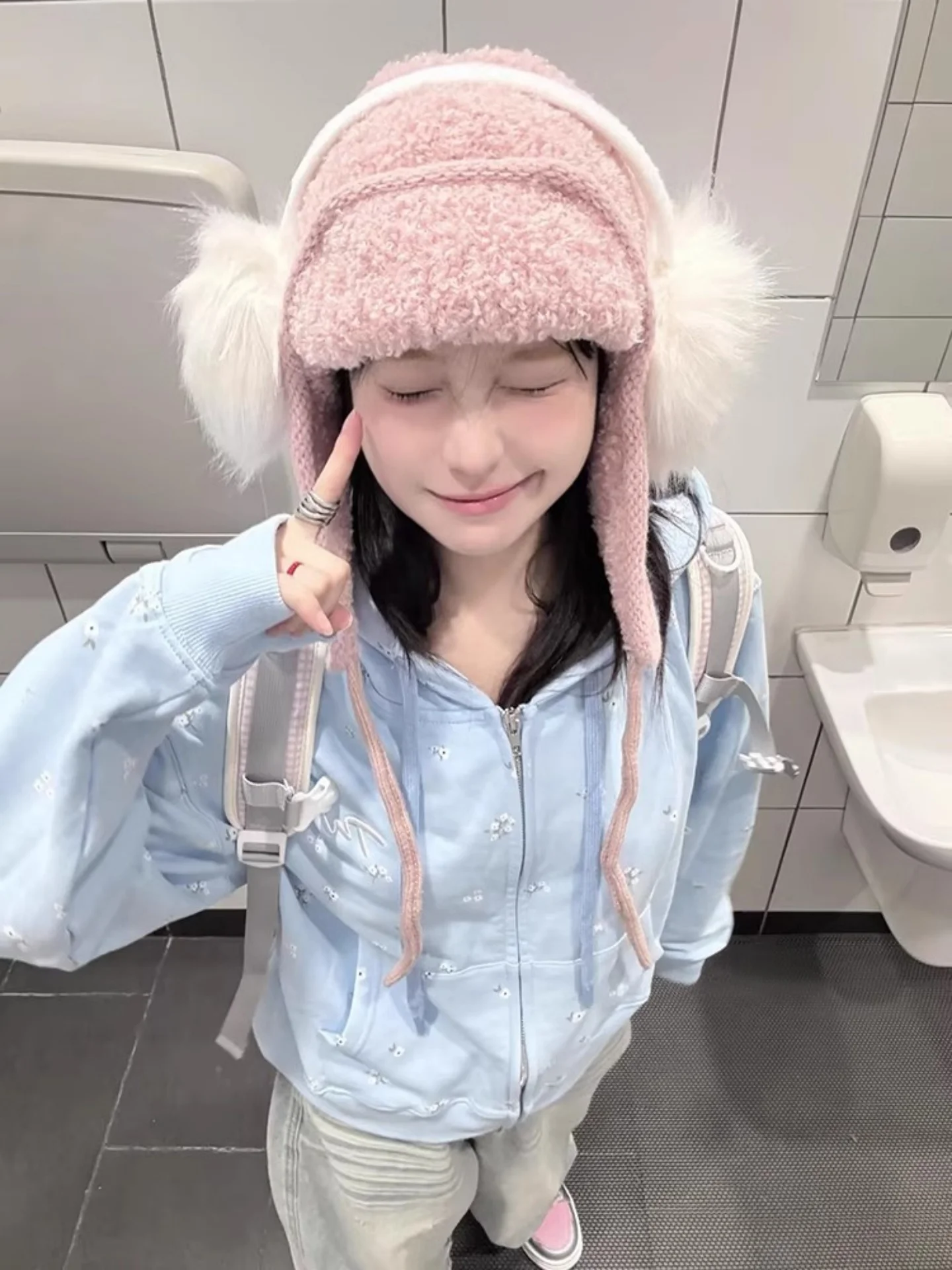 Korean Style Knitted Lamb Velvet Pink Flight Cap Women's Autumn Winter New Warmth Ear Protection Lei Feng Cap Sweet Cute