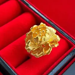 New Chinese Style Gold Color Peony Flower Ring Women's High End Luxury Banquet Jewelry Rings