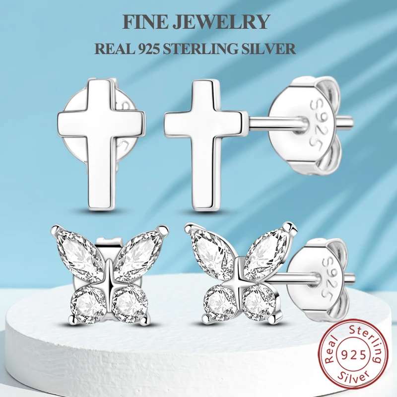 

Real S925 Sterling Silver Stud Earrings Simple Cross Butterfly Earrings For Women Girl Wedding Party High Quality Jewelry Gifts