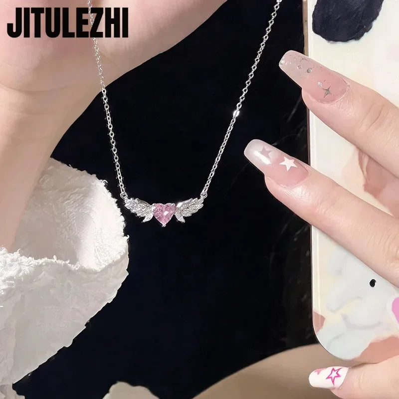 

925 Sterling Silver Necklace Pendant For Women Jewelry Pink Gemstone Love Necklace Luxury Angel Heart Collar Chain Commuter Zir