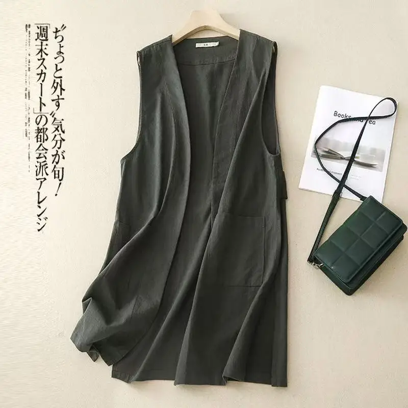 

Women's Side-Slit Dark Green Cotton Linen Long Vest Elegant Sleeveless Suit Jacket Coat Spring Summer Open Front Cardigan Tops