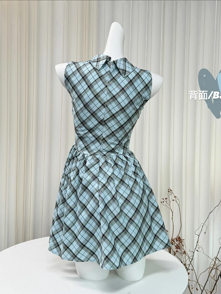 Summer Old Money Korean Cute Core Mori Girl Vintage Sleeveless Shirt Dress Women Plaid Preppy Frocks 2000s Aesthetic Party Gyaru