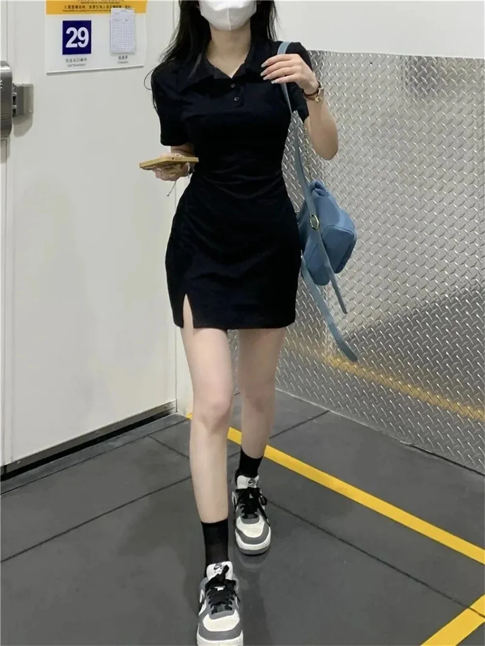 Collar Short Sleeve Slimming Sexy Korean Style High Waisted A-Line Dress with Slit Young Women Summer Fashion Sleepwear Pajamas