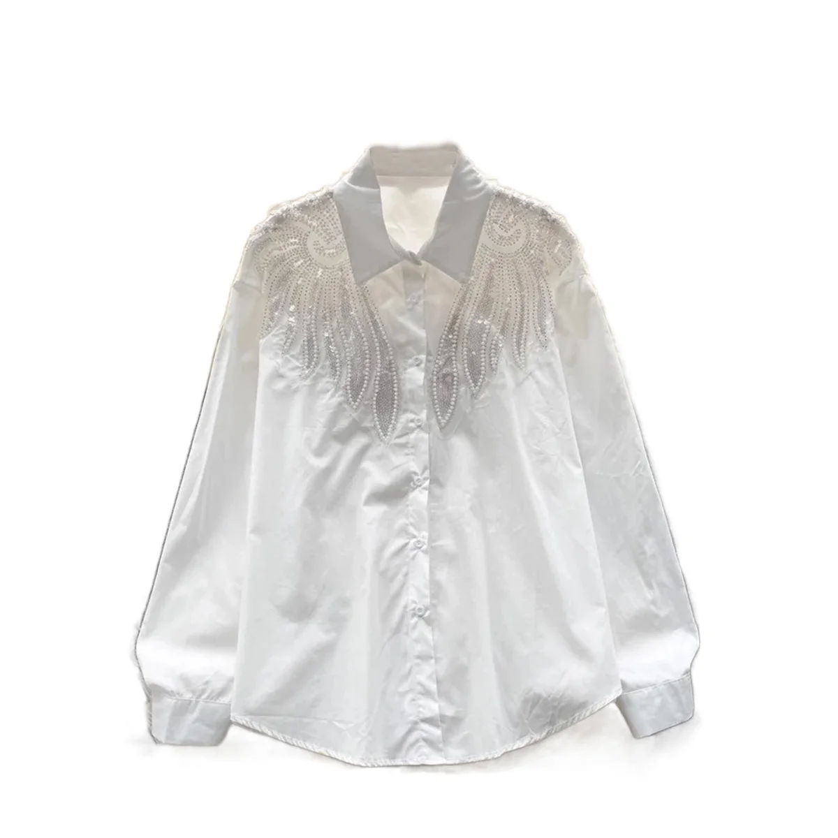 Women Shirt Sequines Beading  Wing Chiffon Turn-down Collar Lapel Blouse Casual Autumn Spring Long Sleeve Top