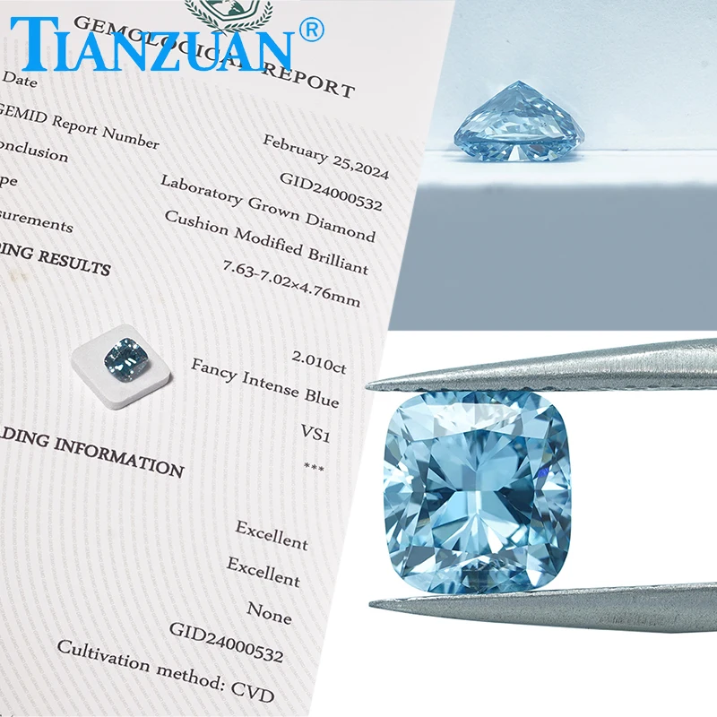 

Выращенный в лаборатории алмаз CVD, огранка «кушон», насыщенный синий цвет, 2EX, свободный камень-бусина, сертифицированный GEMID