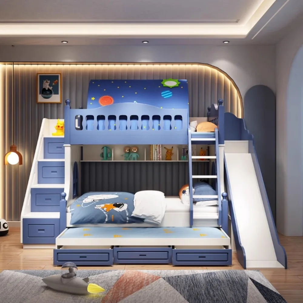 Space Saving Twin Over Twin Bunk Bed Solid Wood Kids Bed with Slide Sturdy Boys Loft Bed Modern Children's Bedroom Furniture