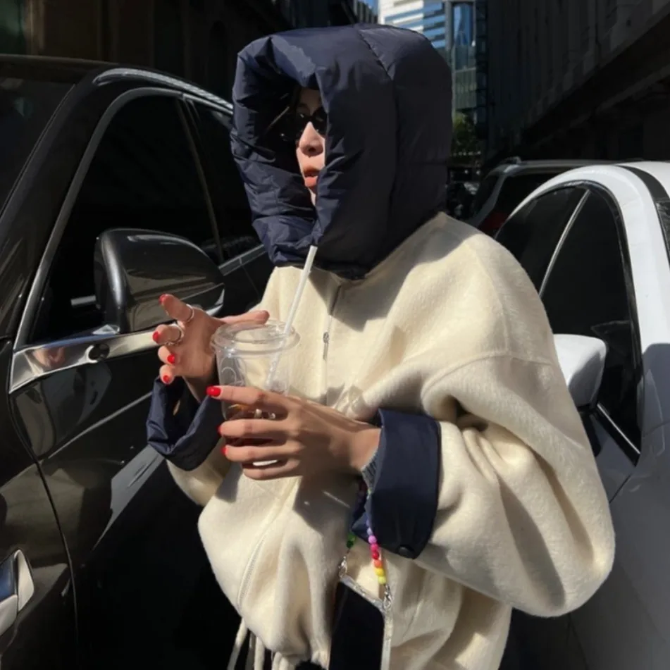 

Осень-зима модные теплые свободные карманы женские лоскутные смешанные пальто винтажные женские шерстяные куртки на молнии с длинными рукавами и капюшоном