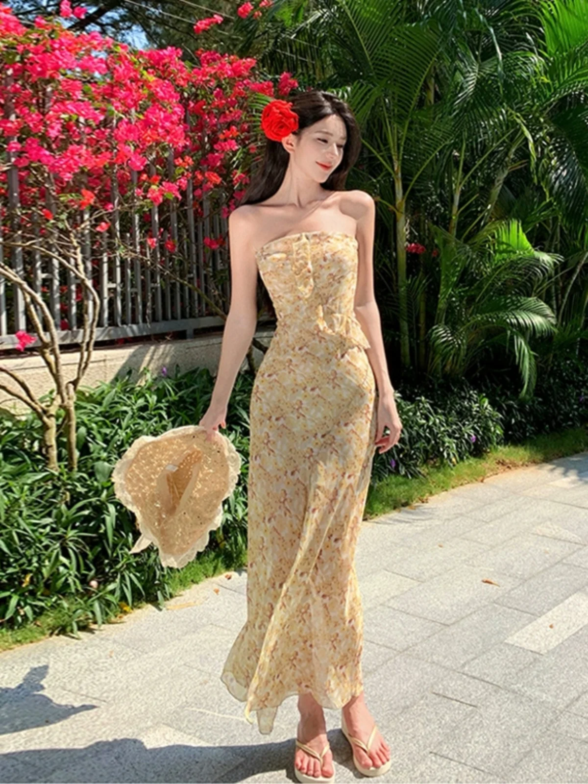 노란색 플로럴 프린트 롱 스커트 맥시 드레스 비치 바캉스 비치웨어 랩 체스트 디자인 원숄더 슬림 가운